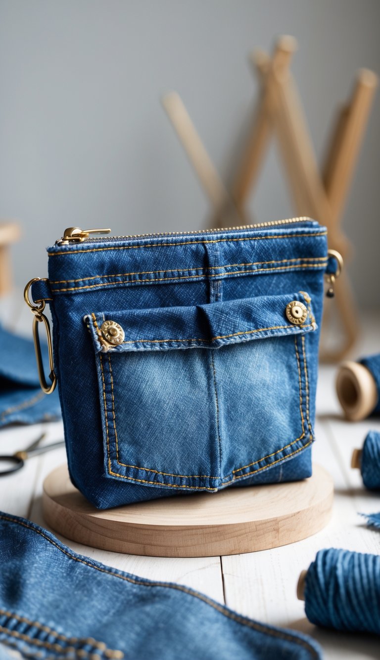 A small blue jean pocket purse made from denim fabric resting on a wooden surface with crafting tools nearby.